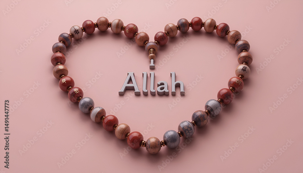Obraz premium 3D render of prayer beads (tasbeeh) arranged in a heart shape with 'Allah' inscribed, concept of devotion and dhikr 