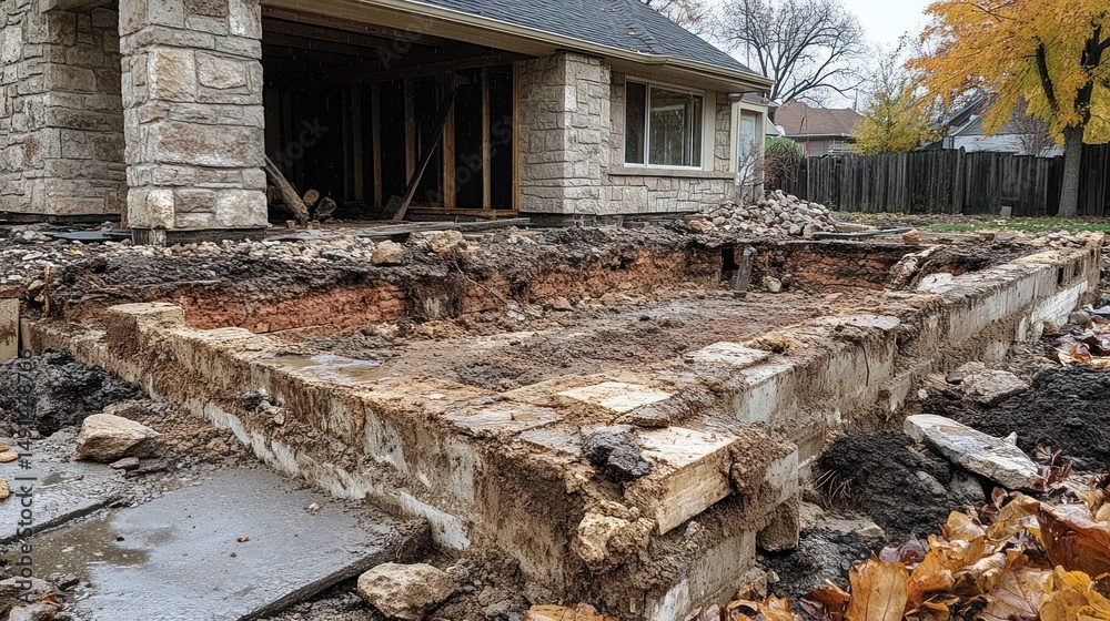 Fototapeta premium House Foundation Demolition: A Detailed View of a Home's Foundation Undergoing Renovation, Showing Exposed Soil and Masonry.