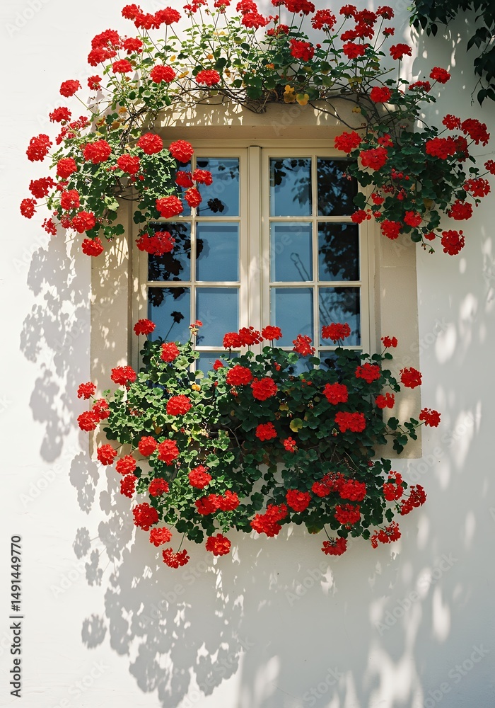 Obraz premium Red Geraniums Blooming Around Window