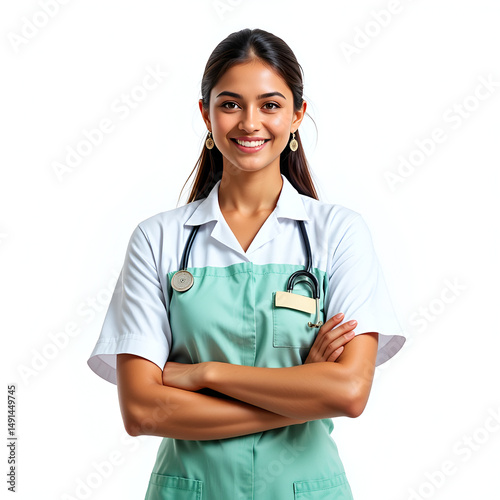 Front view mid body shot of an extremely beautiful Indian female model dressed as a Nutritionist smiling with arms folded, isolated on a white transparent  background
