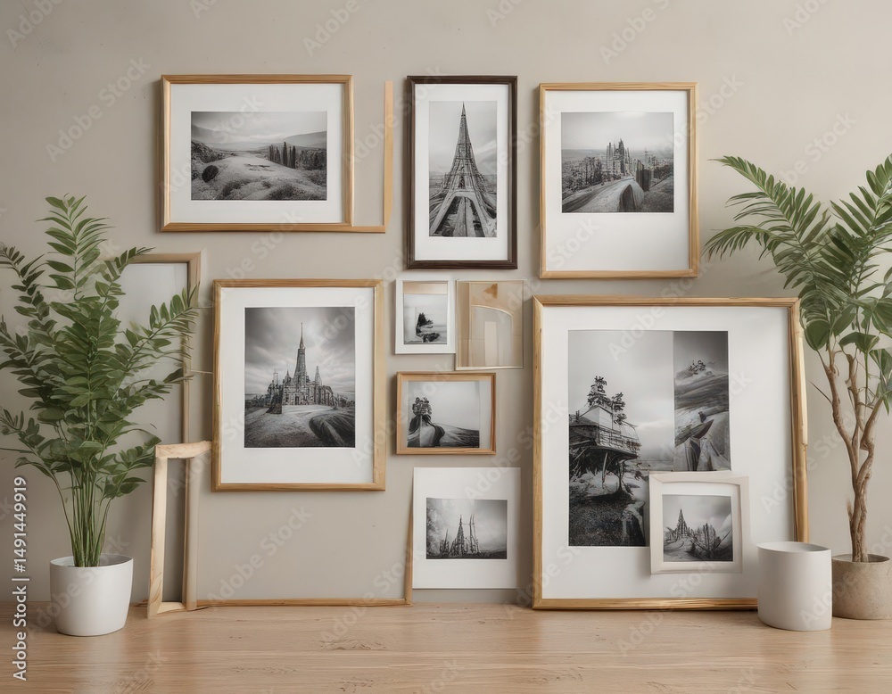 Fototapeta premium Photo frame collage mockup showcasing diverse styles & sizes against a neutral backdrop Elegant & creative arrangement , frame mockup, minimal, decor