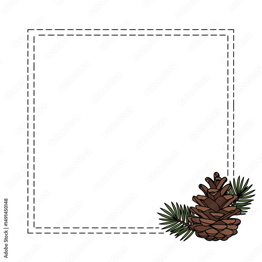 Fototapeta premium Square minimalist frame border with pine cone and branches 