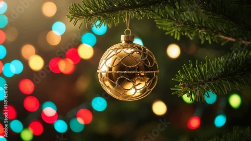 Close-up videograph of a golden orb and a string of lights. photo