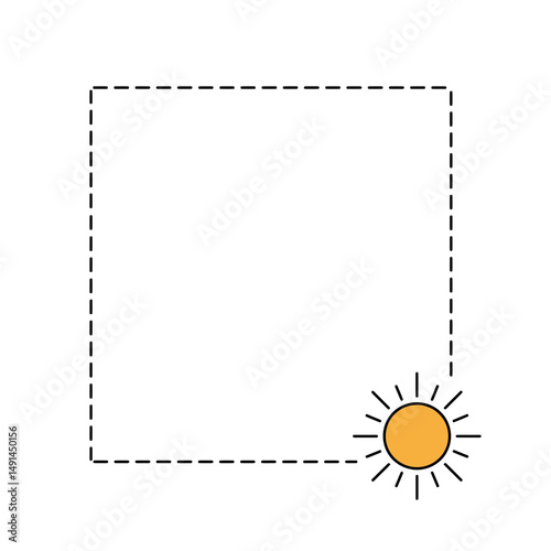 Minimalist frame border with dashed lines and sun illustration  