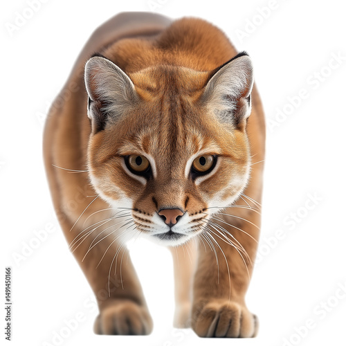 Front view of an African golden cat prowling through the grass isolated on a solid white background, detailed portrait of elusive wild feline with sleek golden fur and intense gaze photo