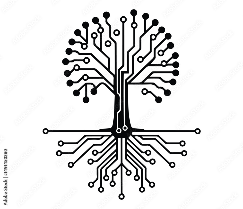 Circuit Tree Logo, Circuit Icon, Tech Tree Logo, Electric Logo Vector Silhouette of Tech Tree Circuit Symbol on White Background.