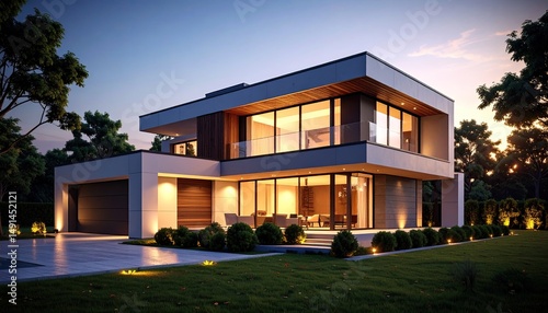 Modern Mansion Luxury Home with Evening Glow.