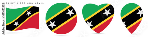 Free Download Saint Kitts and Nevis waving flag, round circle sticker badge, heart shaped icon, map pin. Saint Christopher and Nevis flag buttons of different shapes. Vector illustration isolated on white. - GFXLoad