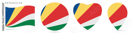 Free Download Seychelles waving flag, round circle sticker badge, heart shaped icon, map pin. Republic of Seychelles flag buttons of different shapes. Vector illustration isolated on white. - GFXLoad