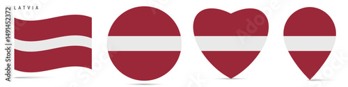 Free Download Latvia waving flag, round circle sticker badge, heart shaped icon, map pin. Latvian flag buttons of different shapes. Vector illustration isolated on white. - GFXLoad
