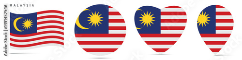 Malaysia waving flag, round circle sticker badge, heart shaped icon, map pin. Malaysian flag buttons of different shapes. Vector illustration isolated on white.