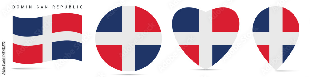 Fototapeta premium Dominican Republic waving flag, round circle sticker badge, heart shaped icon, map pin. Republica Dominicana flag buttons of different shapes. Vector illustration isolated on white.