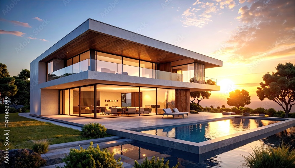 Fototapeta premium Modern Luxury Home at Sunset with Pool and Ocean View.
