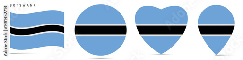 Botswana waving flag, round circle sticker badge, heart shaped icon, map pin. Republic of Botswana flag buttons of different shapes. Vector illustration isolated on white. Free Download Botswana waving flag, round circle sticker badge, heart shaped icon, map pin. Republic of Botswana flag buttons of different shapes. Vector illustration isolated on white. - GFXLoad