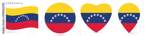 Free Download Venezuela waving flag, round circle sticker badge, heart shaped icon, map pin. Venezuelan flag buttons of different shapes. Vector illustration isolated on white. - GFXLoad