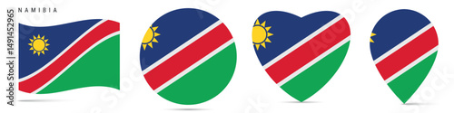 Namibia waving flag, round circle sticker badge, heart shaped icon, map pin. Namibian flag buttons of different shapes. Vector illustration isolated on white. Free Download Namibia waving flag, round circle sticker badge, heart shaped icon, map pin. Namibian flag buttons of different shapes. Vector illustration isolated on white. - GFXLoad