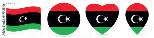 Libya waving flag, round circle sticker badge, heart shaped icon, map pin. Libyan flag buttons of different shapes. Vector illustration isolated on white. Free Download Libya waving flag, round circle sticker badge, heart shaped icon, map pin. Libyan flag buttons of different shapes. Vector illustration isolated on white. - GFXLoad