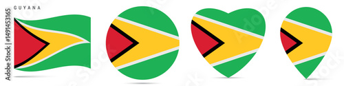 Free Download Guyana waving flag, round circle sticker badge, heart shaped icon, map pin. Guyanese flag buttons of different shapes. Vector illustration isolated on white. - GFXLoad