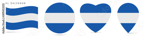 El Salvador waving flag, round circle sticker badge, heart shaped icon, map pin. Salvadoran flag buttons of different shapes. Vector illustration isolated on white.