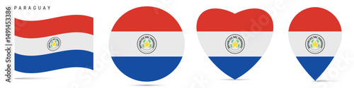 Free Download Paraguay waving flag, round circle sticker badge, heart shaped icon, map pin. Paraguayan flag buttons of different shapes. Vector illustration isolated on white. - GFXLoad