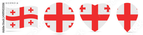 Georgia waving flag, round circle sticker badge, heart shaped icon, map pin. Georgian flag buttons of different shapes. Vector illustration isolated on white.