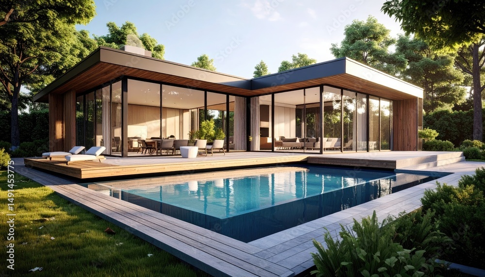 Fototapeta premium Modern Villa Oasis Poolside Luxury in a Lush Garden Setting.