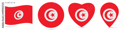 Free Download Tunisia waving flag, round circle sticker badge, heart shaped icon, map pin. Tunisian flag buttons of different shapes. Vector illustration isolated on white. - GFXLoad