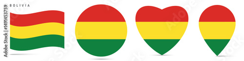 Free Download Bolivia waving flag, round circle sticker badge, heart shaped icon, map pin. Bolivian flag buttons of different shapes. Vector illustration isolated on white. - GFXLoad