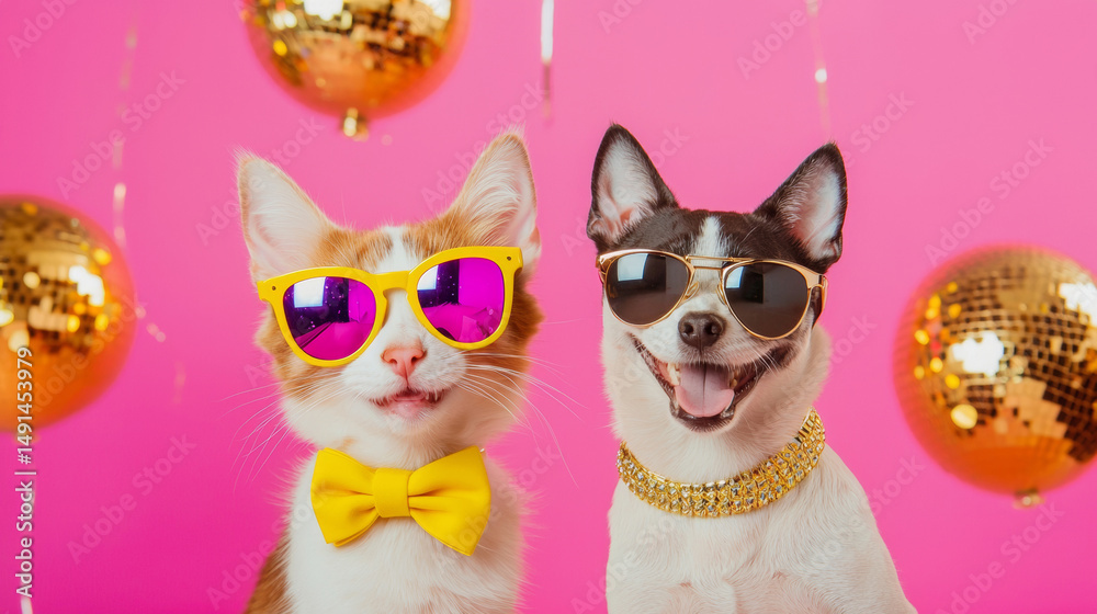 Fototapeta premium Smiling dog and cat wearing sunglasses and bow decoration fashion outfits on disco ball shiny playful colorful backgorund. advertising festival christmas new year celebrate party retro pink poster