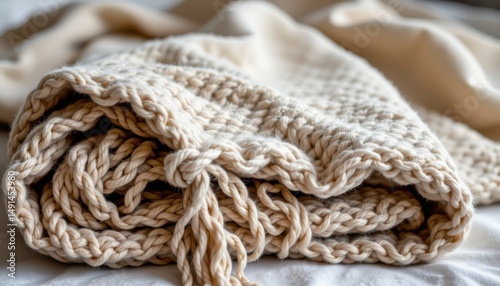 a cozy blanket with a cable knit design, folded and lying on a surface, ready for use. photo