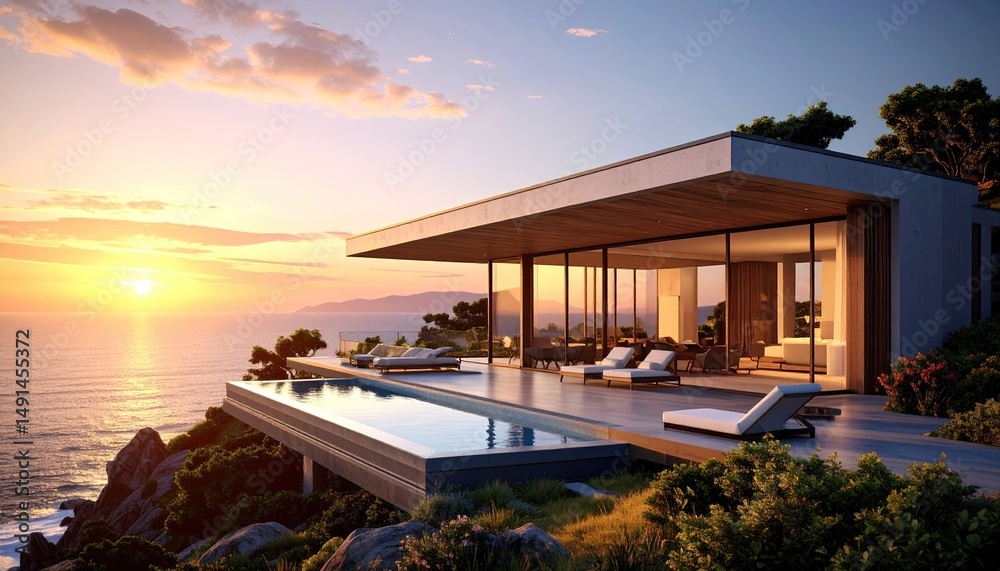 Fototapeta premium Coastal Dream Modern Villa with Infinity Pool, and Sunset Ocean View.