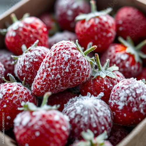A close-up of frosty strawberries spilling out of an opened box, soft focus on the icy details, deep red tones contrasted with white frost