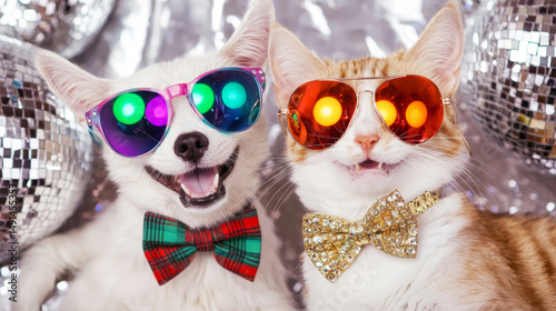 Smiling dog and cat wearing sunglasses and metal decoration fashion outfits on disco ball shiny playful colorful backgorund. advertising festival christmas new year celebrate party retro silver poster
