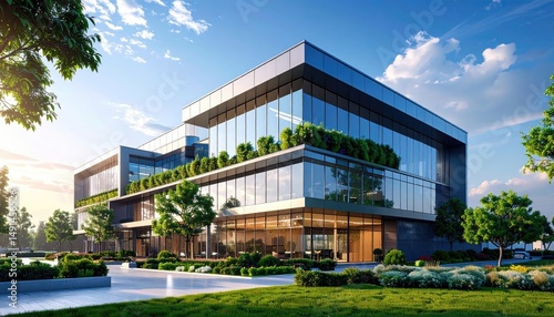 Modern Green Building Sustainable Architecture in Bright Daylight.