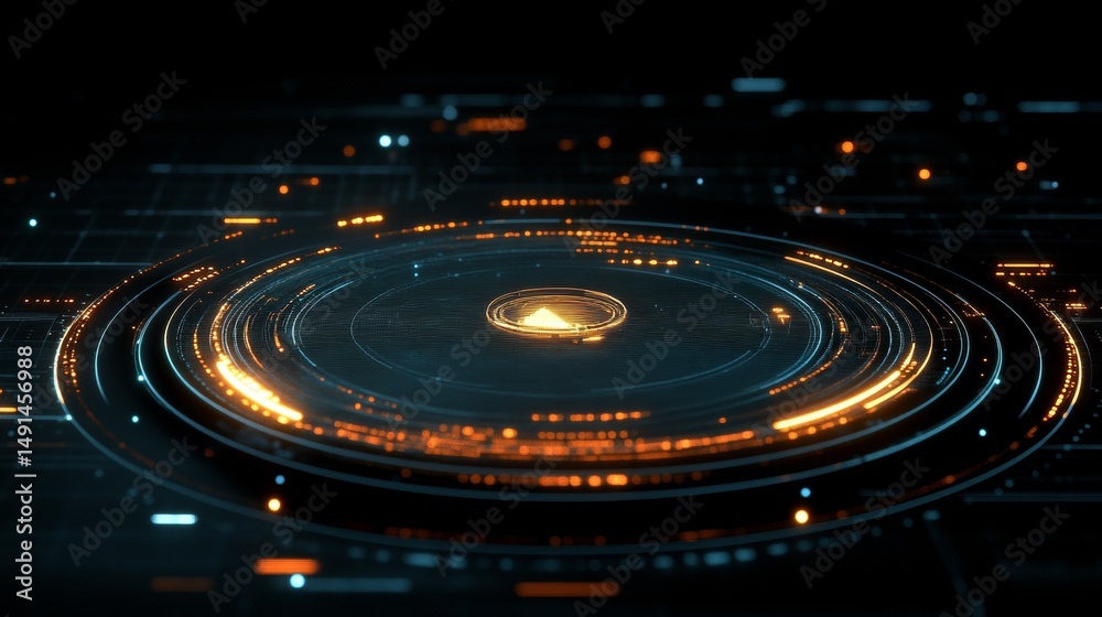 Fototapeta premium Futuristic technology platform with glowing circular elements and data streams