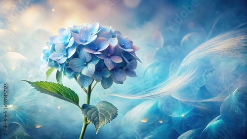 Serene Blue Hydrangea Blossom in a Dreamlike, Ethereal Haze with Soft Lighting and Delicate, Flowing Elements