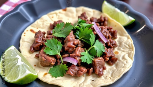 this is an enticing image of a delicious taco topped with beef, cilantro, lime, and sliced jalapeños