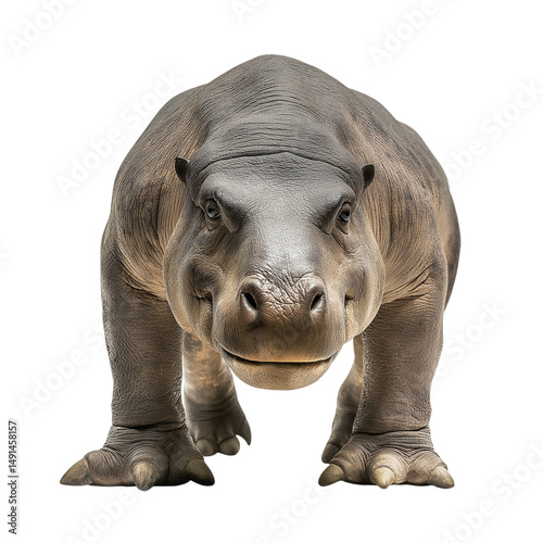 Front view of an Archaeotherium, a prehistoric entelodont mammal, isolated on a solid white background, realistic detailed reconstruction of extinct ancient species photo