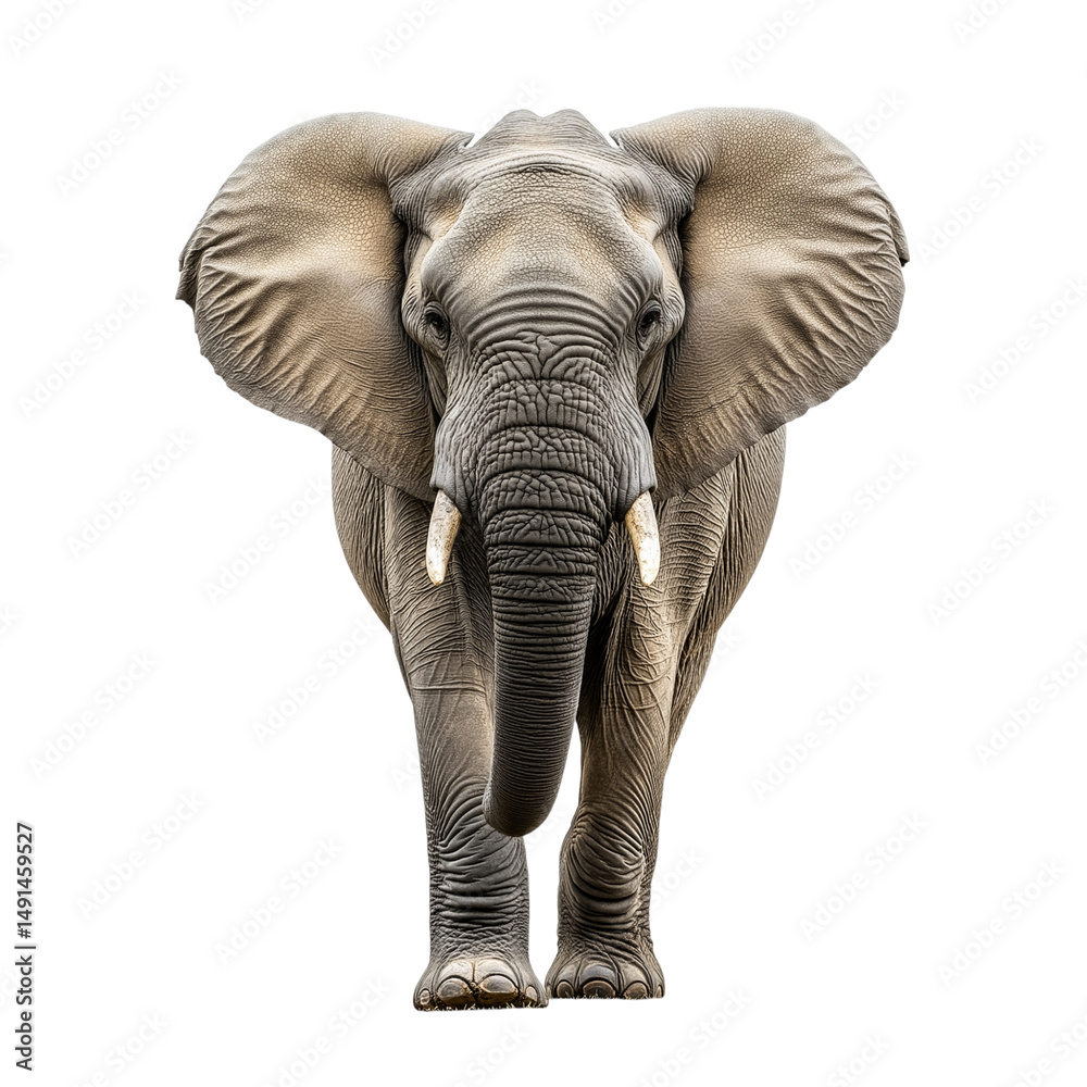 Obraz premium Front view of an elephant walking through the savannah on a solid white background, majestic large African elephant with detailed skin texture and tusks, isolated wildlife stock photograph 
