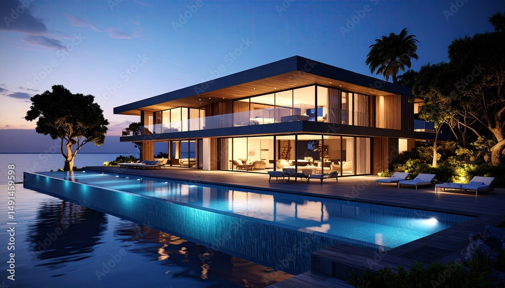 Fototapeta premium Waterfront Modern Villa with Infinity Pool at Dusk.