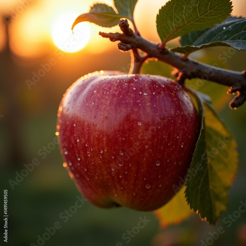 Fresh Shiny Red Apple with Green Leaf, Symbolizing Health and Natural Freshness