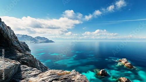 Coastal view turquoise water rocks sky