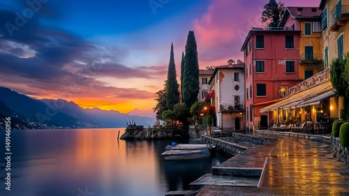 Colorful lakeside town at sunset