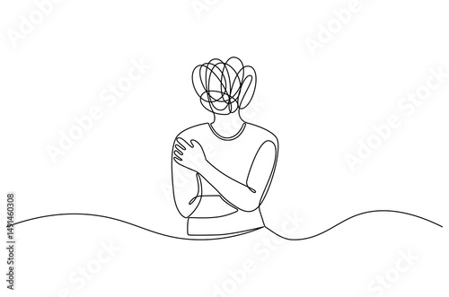 Continuous one line drawing of Woman with confused feelings. Single line drawing illustration of Work burnout and depression anxiety. Mental health concept vector art. Doodle line illustration.