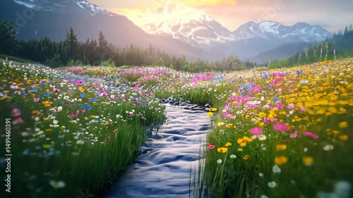 Colorful meadow stream sunrise