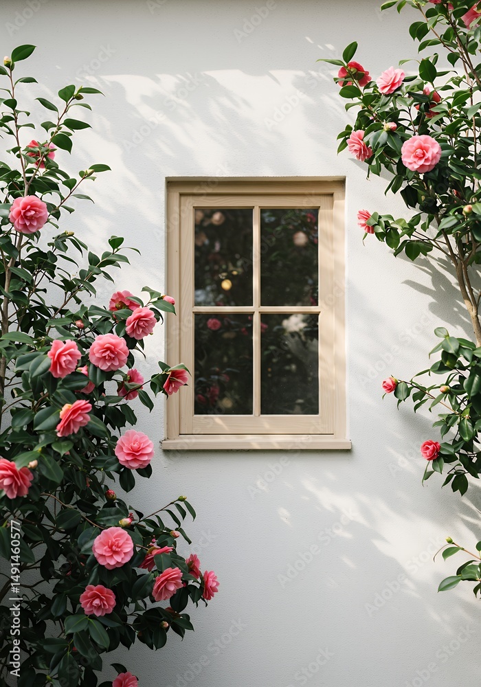 Fototapeta premium Pink Camellia Flowers Window