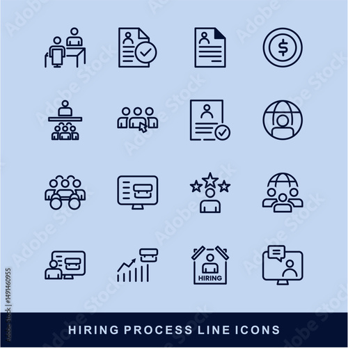 Hiring Process Line Icons. Recruitment, Job Application, Interview, Candidate Selection Vector Set