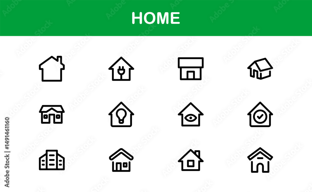 Modern Home Theme Icon Set. Clean Line Art for Household and Property Interfaces