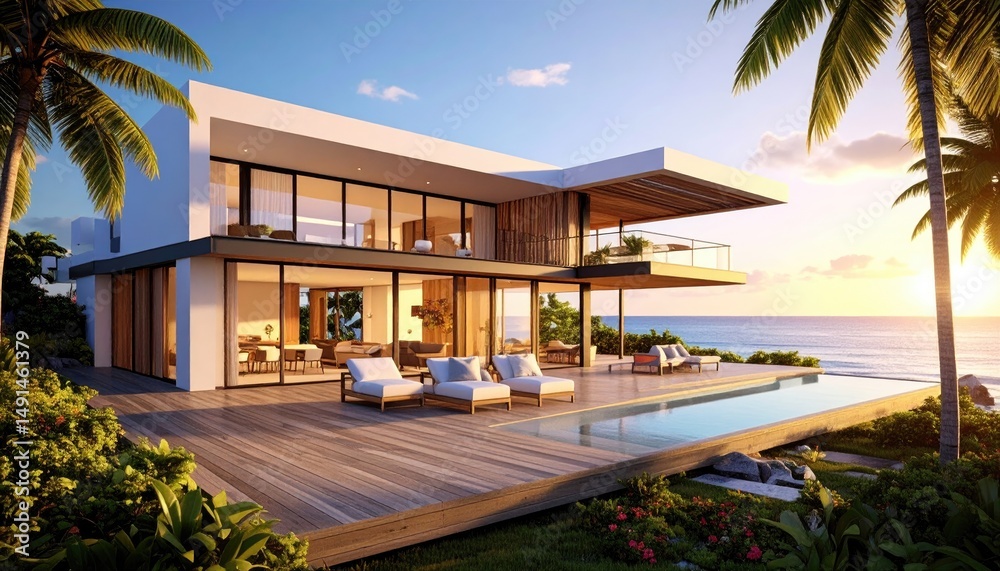 Fototapeta premium Oceanfront Modern Villa Infinity Pool with Sunset Views, and Tropical Paradise.