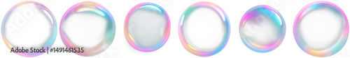 Set of colorful soap bubbles, 3d circle shape iridescent holographic bubbles with gradient color pastel elements design, translucent and see-through bubbles, isolated on transparent background